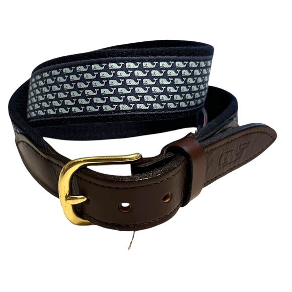 Vineyard Vines Whale Club Leather Belt Mens Size 28 Cowhide Solid Brass Buckle - Picture 4 of 9